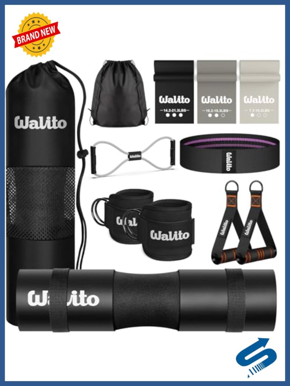 11 Piece Barbell Pad Set Hip Thrust Resistance Bands Ankle Straps Cable Handles